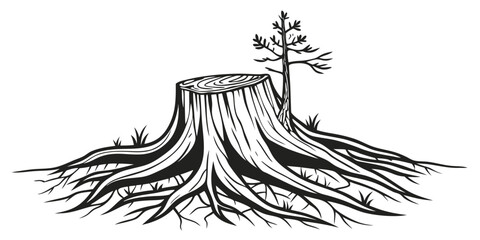 Detailed Tree Stump with Roots and Sapling Black and White Vector Illustration