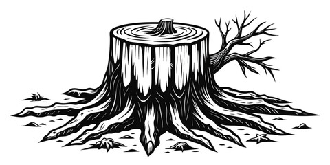 Monochrome Tree Stump with Bare Branch and Root System Hand Drawn Illustration