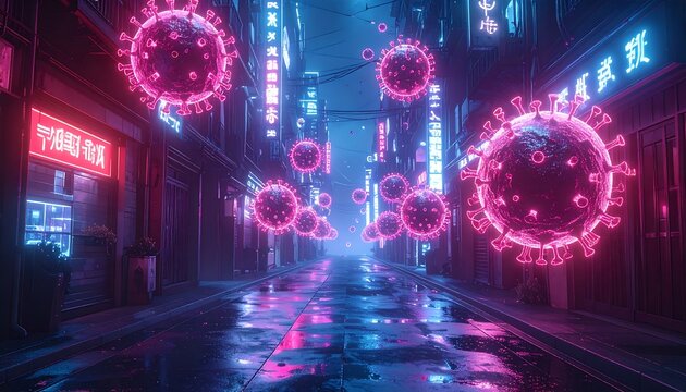 A neon-lit alley with glowing viral particles suspended in the air, reflecting on wet pavement. Buildings line the street