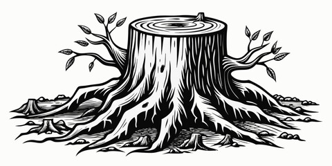 Detailed Black and White Woodcut Illustration of a Tree Stump with Roots and Branches