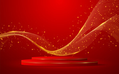 Red podium with elegant gold wave lines on the back for advertisement display. Display of cosmetic products. Stage or podium. vector illustration	