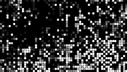 A grayscale design featuring a multitude of small squares in varying shades of gray, creating a complex and textured pattern.