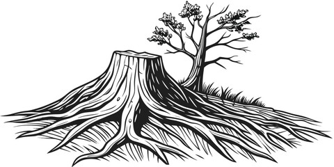 Monochrome Illustration of a Tree Stump with Roots and a Small Tree on a White Background