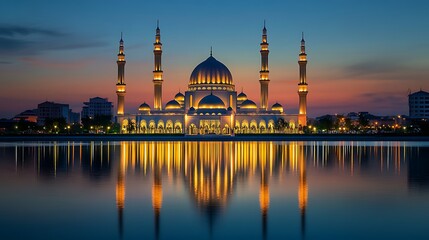 Fototapeta premium Illuminated Mosque at Dusk Reflecting on Calm Water Surface with Twilight Sky