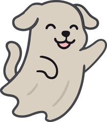 dog dressed as a ghost, smiling with a happy expression, designed in a playful Halloween style.