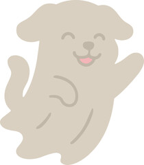 dog dressed as a ghost, smiling with closed eyes and a happy expression, designed in a simple and playful Halloween style.