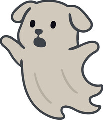 cartoon dog dressed as a ghost with a surprised expression, wide eyes, and an open mouth, designed in a playful Halloween style.