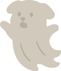 dog dressed as a ghost with a surprised expression, simplified features, and a light beige sheet-like design for Halloween.
