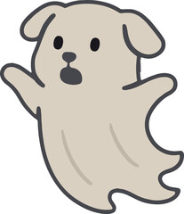 cartoon dog dressed as a ghost with a surprised expression, wide eyes, and an open mouth, designed in a playful Halloween style.