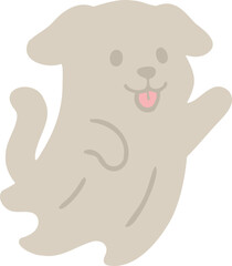 dog dressed as a ghost, smiling with closed eyes and a happy expression, designed in a simple and playful Halloween style.