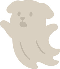 dog dressed as a ghost with a surprised expression, simplified features, and a light beige sheet-like design for Halloween.