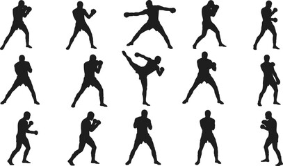 Boxing man silhouettes training, punching, kicking, fighting stances, workout, martial arts, fitness, combat sport, strength, discipline, athlete, gloves, exercise.
