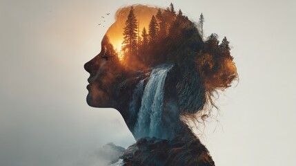 Creative double exposure of a woman's silhouette blended with a waterfall and forest at sunset