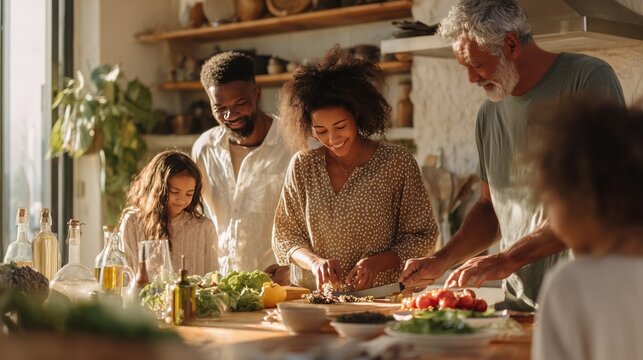 Friends and family of different nationalities cook and laugh together - Powered by Adobe