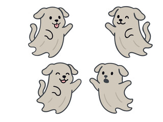 ghost dogs with different playful expressions — one with tongue out, one winking, one smiling happily, and one looking surprised — designed in a fun Halloween style.