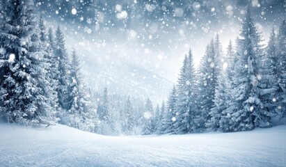 Snowy Forest Glade Dense evergreen trees stand in a snow-filled forest glade, blanketed in fresh snow, with falling snow and a soft, cool light