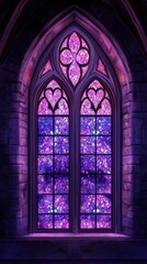 Fototapeta premium Stained glass window with intricate designs and vibrant colors at twilight in an ancient stone building