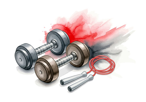 Dynamic watercolor artwork of fitness essentials dumbbells and a jump rope, set against an energetic splash, inspiring strength, health, and an active lifestyle