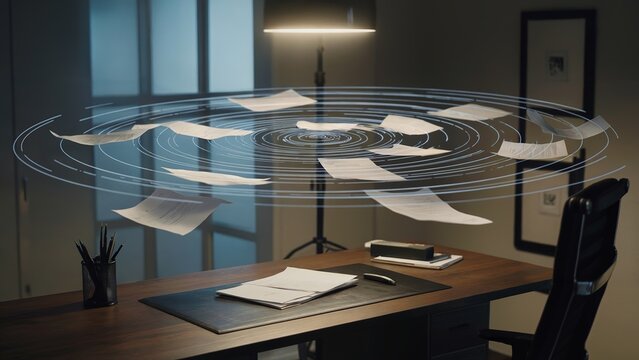 Paper Chaos on Desk with Circular Data Visualization Overlay