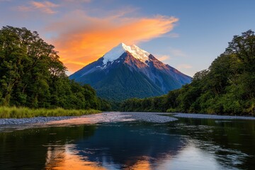 A stunning landscape featuring a snow-capped mountain, lush forests, and a reflective river under a colorful sunset.