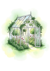 Dreamy garden sanctuary inside a beautiful glasshouse, a detailed botanical watercolor drawing with climbing vines and roses