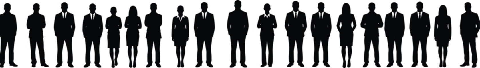 Business people silhouettes standing in line, men and women, professional attire, teamwork, corporate, group, leadership, diversity, office, formal, business team.