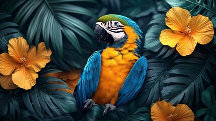 Vibrant blue and gold macaw perched amidst lush tropical foliage and hibiscus flowers