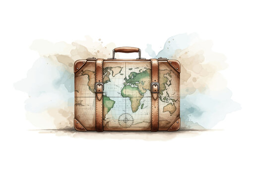 Watercolor illustration of a vintage suitcase with a world map, symbolizing the spirit of global adventure and exploration