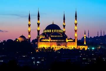 Fototapeta premium Illuminated Ottoman Mosque at Dusk in Istanbul, Turkey, Minarets Reaching Towards a Gradient Sky