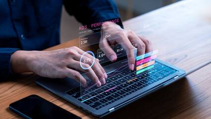 ads performance dashboard showing impressions, clicks, revenue and cost metrics for online...