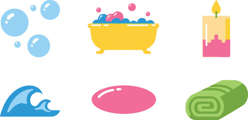 Fototapeta premium Bathtub Filled with Colorful Bubbles, Soap, Candle and Rolled Towel on a White Background