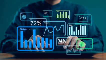 Digital business dashboard with charts and analytics interface showing sales performance, revenue trends, growth opportunities, financial planning and strategy for effective management.