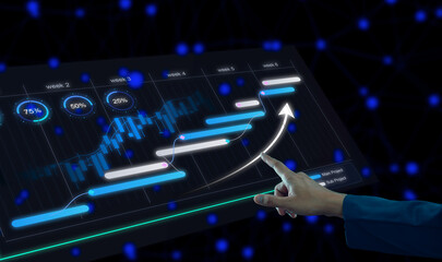 Project management timeline with digital gantt chart interface tasks, milestones, progress tracking, business planning, strategic development and workflow for efficiency and professional achievement
