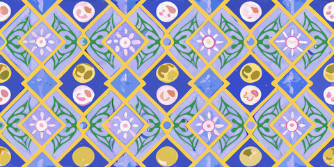 Intricate geometric pattern with floral motifs and circular elements in blue purple and yellow hues