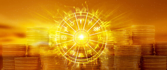 Horoscope with zodiac signs and money coins like astrology and money and astrology and wealth...