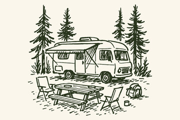 Camper van forest campsite sketch vintage vector illustration © Victoria