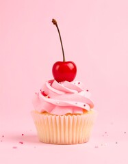 Pink cupcake with cherry
