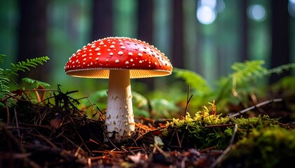 Close-up of a vibrant red toadstool in a forest