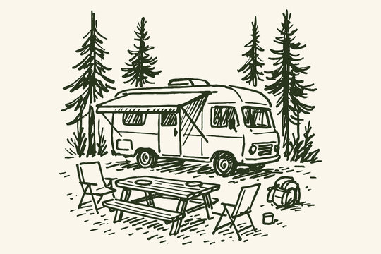 Camper van forest campsite sketch vintage vector illustration