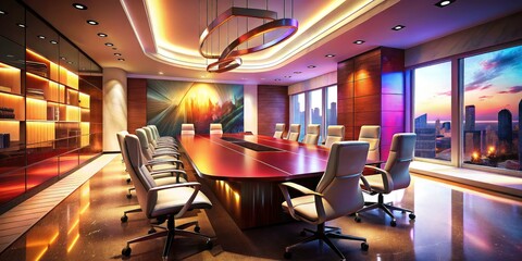 Luxurious Boardroom Interior Design: Elegant Lighting, Large Table, Modern Chairs