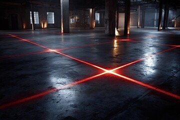 Red laser beams are crossing, creating a grid on the floor of a large, dark, empty warehouse, suggesting measurement, precision, and futuristic technology