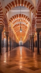 Fototapeta premium MezquitaCathedral of CÃ³rdoba Hallway Perspective with Striped Arches and Ornate Lanterns Interior View