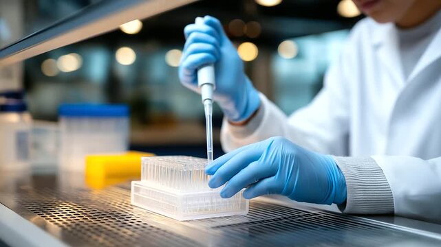A technician prepares telomere probes in a sterile lab with pipettes dispensing vials chilling on ice a laminar flow hood humming and gloves neatly stacked shown in a clean