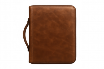 Professional brown leather portfolio resting on transparent surface, showcasing sleek design for corporate and organizational branding