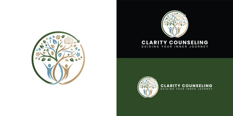 A circular logo featuring a tree with two human figures as the trunk, symbolizing connection and personal growth. This design represents the journey of self-discovery and life's path.
