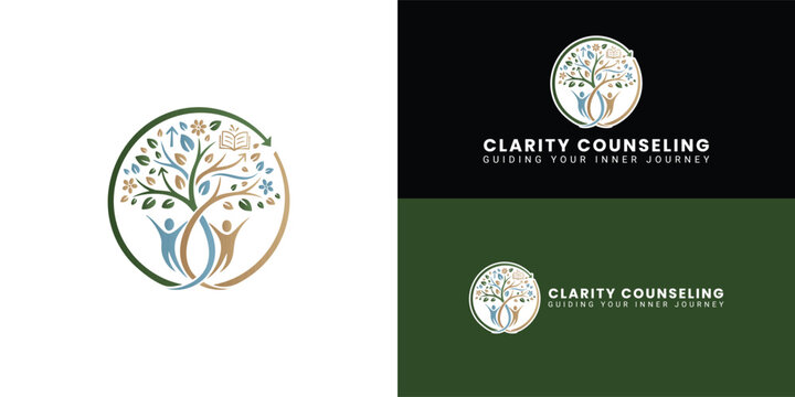 A circular logo featuring a tree with two human figures as the trunk, symbolizing connection and personal growth. This design represents the journey of self-discovery and life's path.