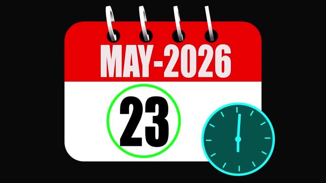Red and white calendar page showing May 2026 with the 23rd highlighted in a green circle next to a teal clock