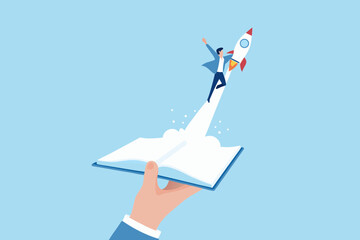 Businessman launching into the sky on a rocket emerging from an open book held by a hand