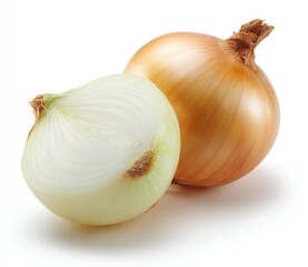 Two onions on a white surface, one whole, the other cut in half, exposing its white layers. The light catches the shiny surface, creating a soft shadow