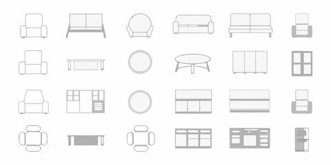 Collection of modern minimalist furniture icons and illustrations for interior design and home decor